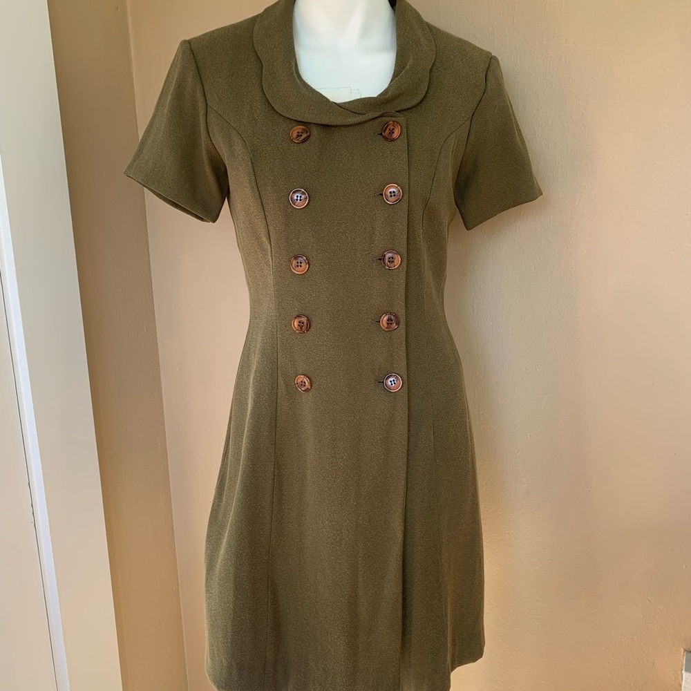 Vintage Olive Double-Breasted Mini Dress | 90’s Short Sleeve Button Front Dress - Picture 2 of 6